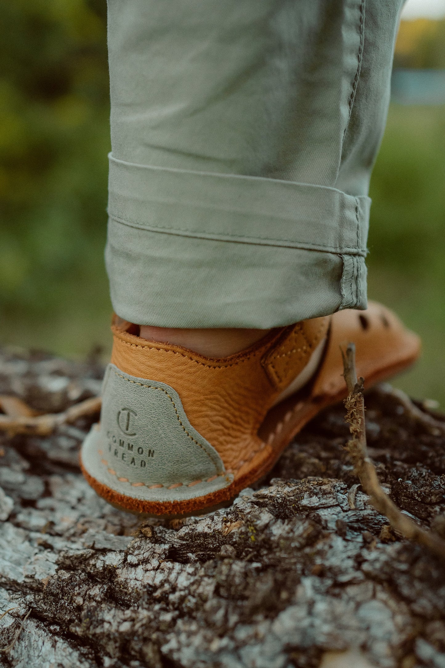 Close up of leather heel and stitching on kids sandal
