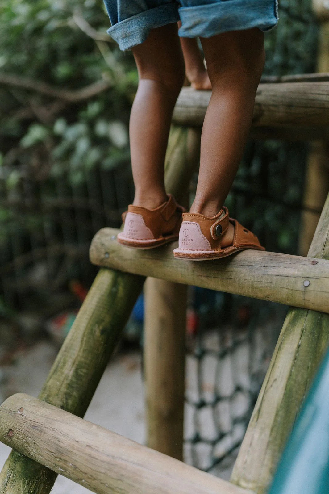 Pink leather sandal heel with Common Tread logo detail
