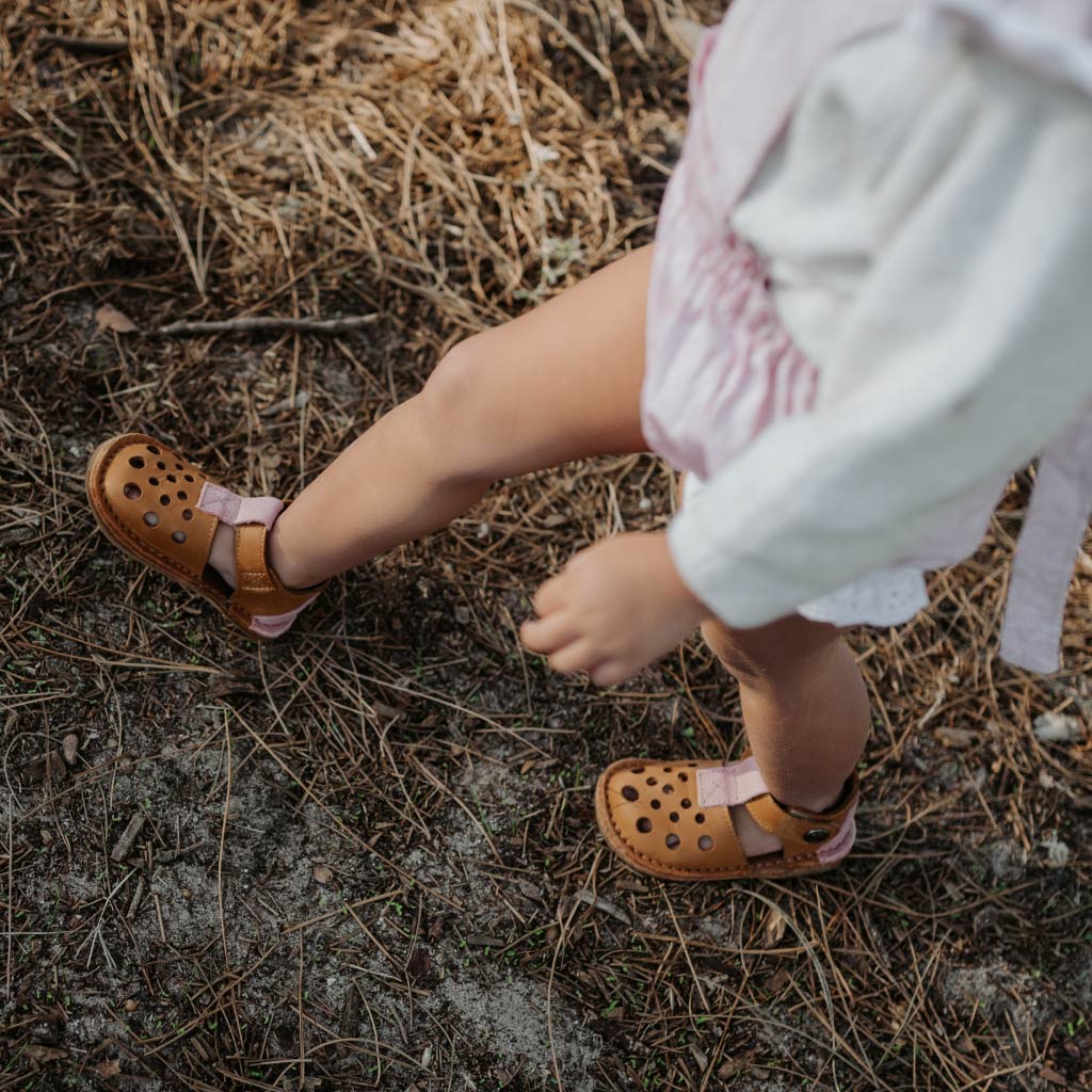 Top view of kids barefoot sandals showing wide toe box
