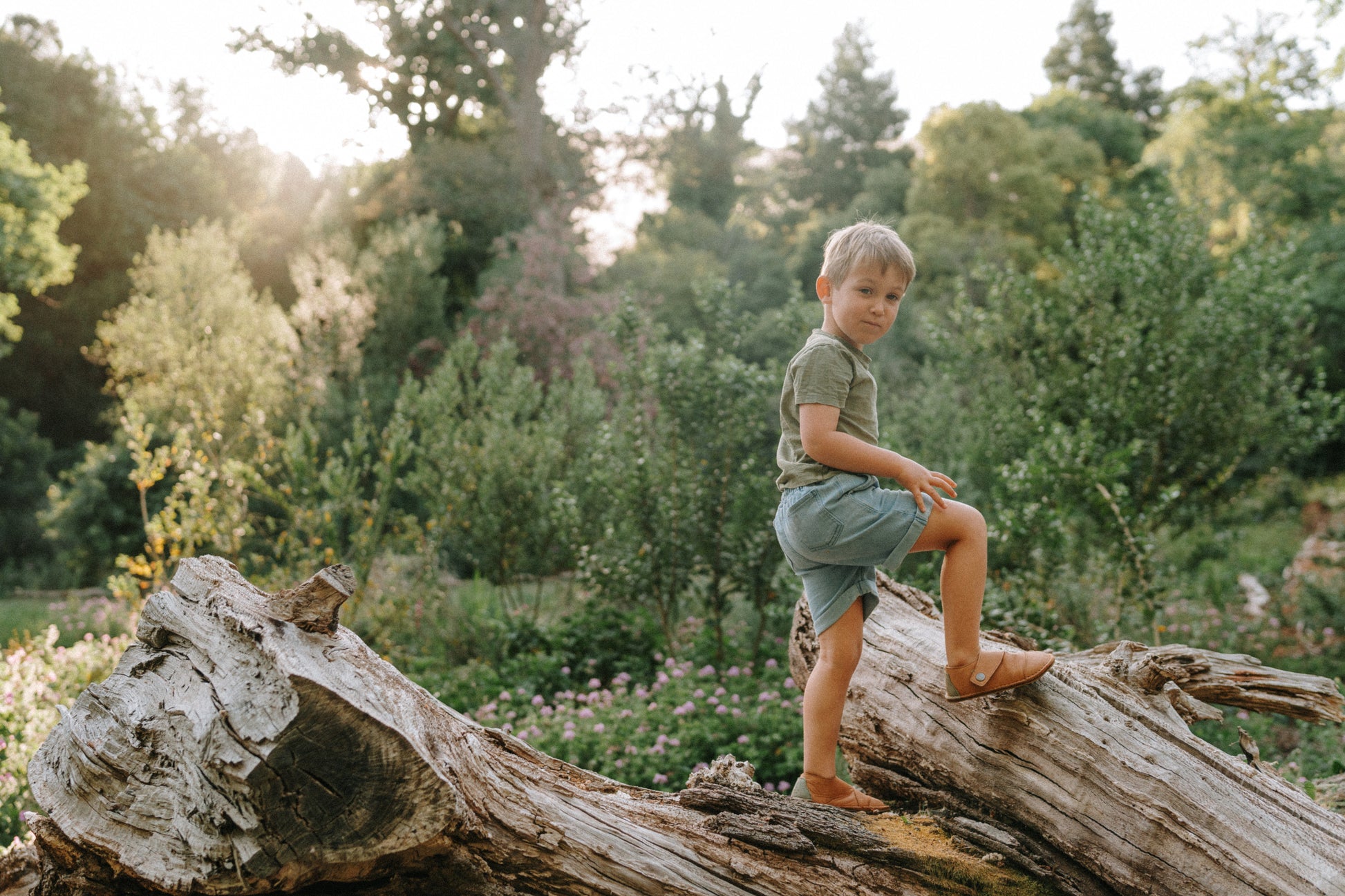 Toddler balancing on a log wearing Common Tread Evergreen barefoot shoes outdoors