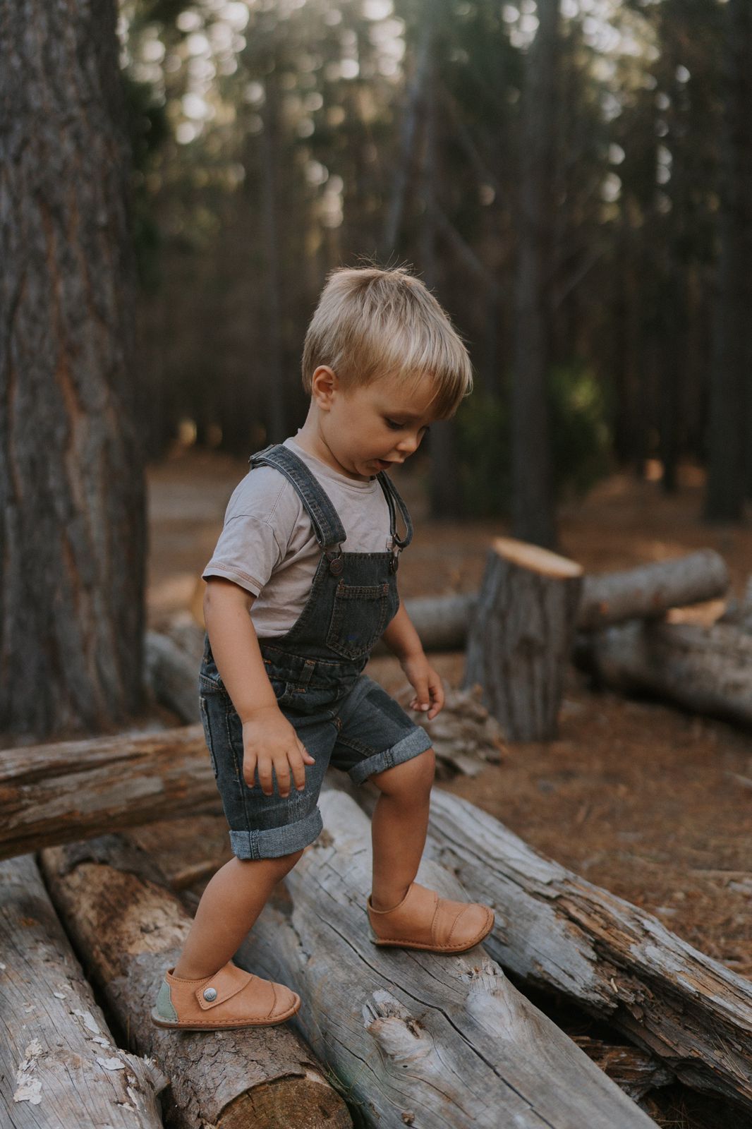 Child walking along logs in Common Tread Evergreen shoes showing natural movement